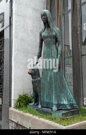 Tombe de Liliana Crociati de Szaszak dans sa robe de mariage, avec son chien Sabú, statue par Wifredo. Viladich Style néo-gothique. Banque D'Images