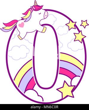 Numéro 0 avec mignon et unicorn arc-en-ciel. peut être utilisé pour annonces de naissance de bébé, nursery decoration, thème de partie ou anniversaire invitation. Conception pour b Illustration de Vecteur