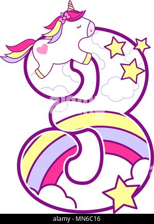 Numéro 3 avec mignon et unicorn arc-en-ciel. peut être utilisé pour annonces de naissance de bébé, nursery decoration, thème de partie ou anniversaire invitation. Conception pour b Illustration de Vecteur