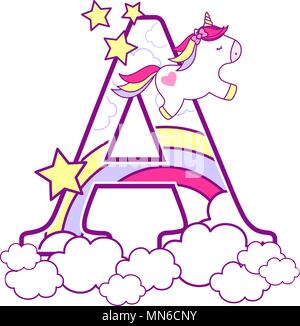 Une initiale avec mignon et unicorn arc-en-ciel. peut être utilisé pour annonces de naissance de bébé, nursery decoration, thème de partie ou anniversaire invitation. Design pour Illustration de Vecteur