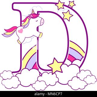 Initial d avec mignon et unicorn arc-en-ciel. peut être utilisé pour annonces de naissance de bébé, nursery decoration, thème de partie ou anniversaire invitation. Design pour Illustration de Vecteur