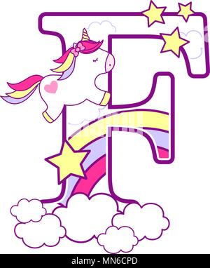 Première f avec mignon et unicorn arc-en-ciel. peut être utilisé pour annonces de naissance de bébé, nursery decoration, thème de partie ou anniversaire invitation. Design pour Illustration de Vecteur