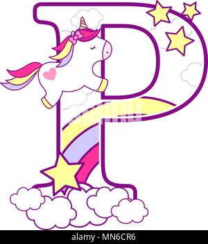 P initiale avec mignon et unicorn arc-en-ciel. peut être utilisé pour annonces de naissance de bébé, nursery decoration, thème de partie ou anniversaire invitation. Design pour Illustration de Vecteur