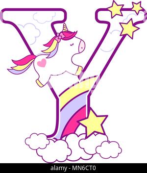 Y initial avec mignon et unicorn arc-en-ciel. peut être utilisé pour annonces de naissance de bébé, nursery decoration, thème de partie ou anniversaire invitation. Design pour Illustration de Vecteur