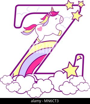 Z Initiale avec mignon et unicorn arc-en-ciel. peut être utilisé pour annonces de naissance de bébé, nursery decoration, thème de partie ou anniversaire invitation. Design pour Illustration de Vecteur