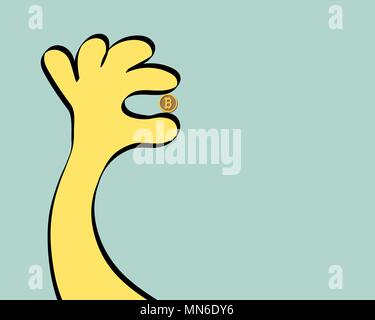 Grosse main tenir petite pièce de bitcoin. Taux de change devise symbole crypto. Vector illustration Illustration de Vecteur