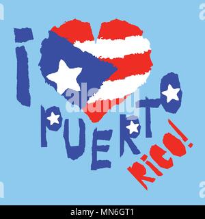 Love Puerto Rico, d'Amérique. Vintage drapeau national en silhouette de coeur déchiré le jour de l'indépendance style texture background bonne idée pour badge rétro Illustration de Vecteur