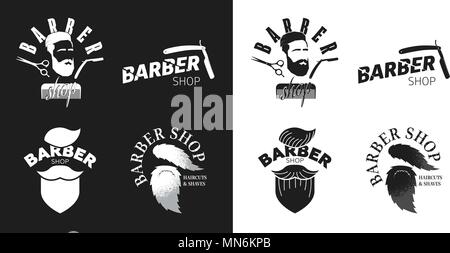 Signe d'un coiffeur. Droit ciseaux, couteau de rasoir, silhouette d'homme avec barbe. Set. Creative signe pour les salons de beauté. Men's Barbershop haird hipster Illustration de Vecteur