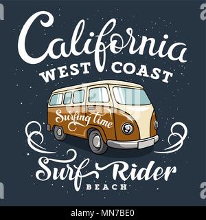 Art surf avec un hippie camper van. La côte ouest de la Californie. Surfrider beach. T-shirt apparel imprimer des graphiques. Graphic Tee original Illustration de Vecteur