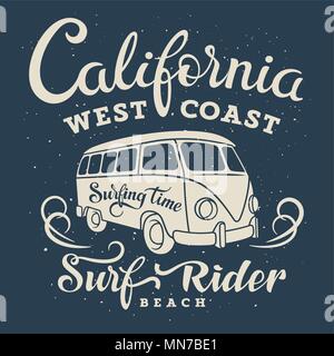 Art surf avec un van hippie. La côte ouest de la Californie. Surfrider beach. T-shirt apparel imprimer des graphiques. Graphic Tee original Illustration de Vecteur