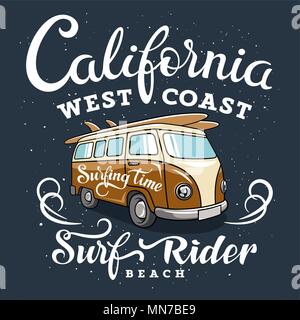 Art surf avec un van hippie. La côte ouest de la Californie. Surfrider beach. T-shirt apparel imprimer des graphiques. Graphic Tee original Illustration de Vecteur