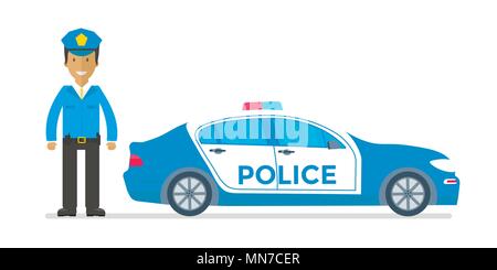 Patrouille de police sur une route avec une voiture de police, agent. Policier en uniforme, Véhicule avec feux clignotants sur le toit. Télévision vector illustration. Illustration de Vecteur