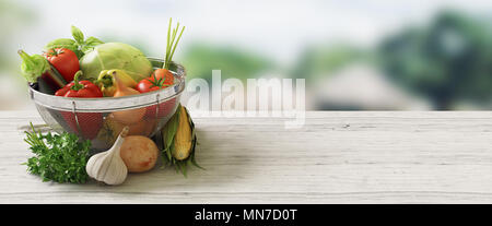 Panier de légumes sur une table en bois, 3d illustration Banque D'Images