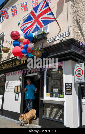 Un British Bulldog avec des drapeaux et des ballons à l'extérieur du prince Harry pub dans la vieille ville de Windsor comme il se prépare pour le mariage royal entre le Prince Harry et sa fiancée américaine Meghan Markle, le 14 mai 2018, à Londres, en Angleterre. Banque D'Images