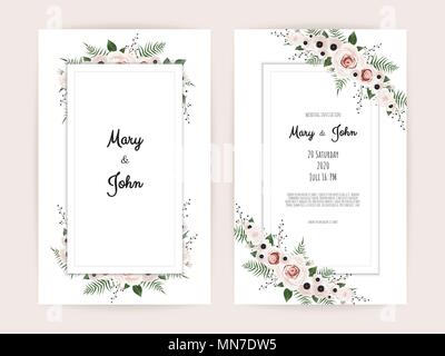 Invitation de mariage floral. Jardin botanique vecteur Conception carte rose, fleur rose pêche, anémones, vert Eucalyptus, tendre verdure. Illustration de Vecteur