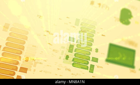 Une illustration 3d innovantes de jaune et vert cyber messages dans la forme d'écrans et des fichiers avec plusieurs lignes de l'un sur l'autre dans le Banque D'Images