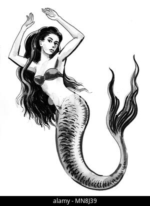 Belle sirène. Dessin noir et blanc Encre Banque D'Images