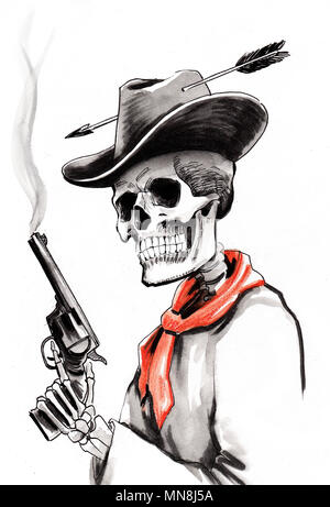 Dead cowboy. Illustration noir et blanc Encre Banque D'Images