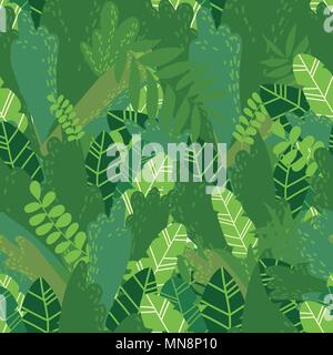 Vector cartoon style seamless pattern de feuilles vertes tropicales exotiques et d'arbustes. Illustration de Vecteur