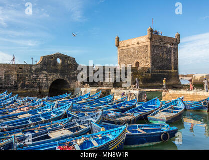 Pêche bleu vif bateaux amarrés par l'historique fort dans le port au large de l'océan Atlantique dans la ville portuaire historique d'Essaouira, Maroc, Afrique. Banque D'Images
