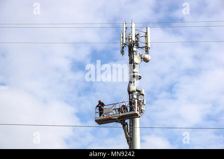 Un travailleur de la maintenance d'une antenne de communication GSM Banque D'Images