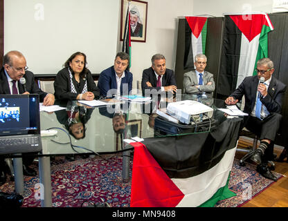 Rome, Italie. 14 mai, 2018. Rome. Commémoration du 70e anniversaire de la Nakba palestinienne à l'ambassade italienne de la Palestine. L'Ami Alkaila présents, l'Ambassadeur de l'Etat de Palestine et représentant permanent auprès de l'AGENCES DES NATIONS UNIES, LA FAO, LE FIDA ET LE PAM depuis 2013. Credit : Patrizia Cortellessa/Pacific Press/Alamy Live News Banque D'Images