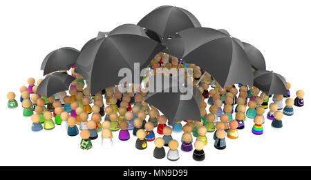 Foule de petites figures symboliques, avec des parapluies noirs, 3d illustration, horizontal Banque D'Images