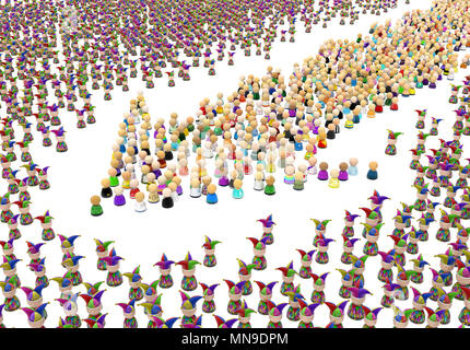 Foule de petites figures symboliques, bouffons carnaval, 3d illustration, horizontal, isolé, over white Banque D'Images