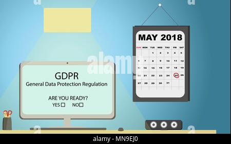 Règlement général sur la protection des données (PIBR) Concept Illustration - 25 mai 2018. Office de bureau avec calendrier. Banque D'Images