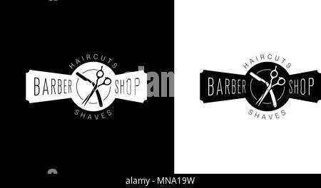 Barbershop. nom de l'entreprise. photo de ciseaux et couteau pour le rasage. Signe d'instituts de beauté pour les hommes Illustration de Vecteur