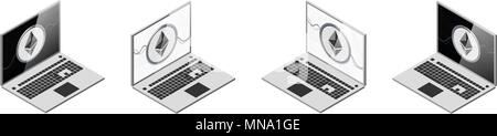 Open laptop avec Ethereum signe sur moniteur. L'isométrie. Vector set. cryptocurrency. Paiement électronique Illustration de Vecteur