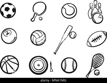 Divers équipements de sports boules jeu de croquis dessiné à la main, Contour vector illustration Illustration de Vecteur