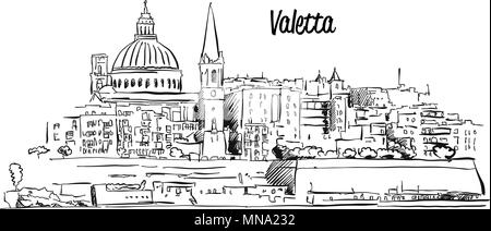 La Valette, Malte. Aperçu du secteur riverain Panorama Croquis vecteur. Célèbre Monument Illustration de Vecteur