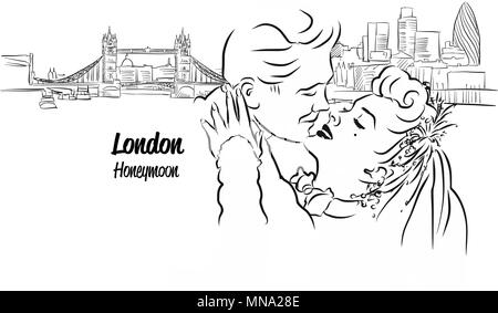 Lonodn Skyline Panorama avec Miel en premier plan, Hand drawn Vector Art Contour Illustration de Vecteur