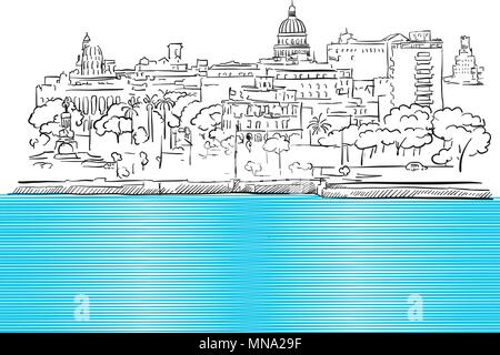 Cuba La Havane avec panorama sur la mer, de couleur croquis dessinés à la main, Contour Vector Illustration Illustration de Vecteur