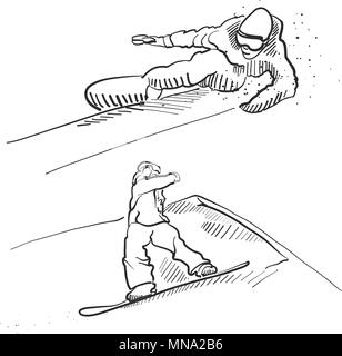 Deux Snowboarder Jumping Situation Croquis, Hand drawn Vector Art Contour Illustration de Vecteur