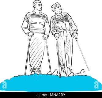 Deux personnes Ski Vintage à la recherche dans le ciel, Hand drawn Vector Art Esquisse Croquis Illustration de Vecteur