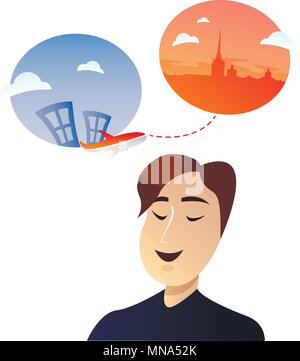 Office worker homme rêvant de caractère locations et voyage. Télévision cartoon illustration vectorielle Illustration de Vecteur
