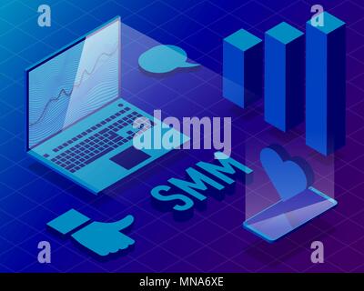 Ordinateur portable, téléphone mobile, graphique, les icônes des messages, cœurs, comme. SMM. Promotion dans les réseaux sociaux. 3D, isometrics fond bleu. Illustration de Vecteur