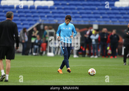 Groupama Stadium. 15 mai, 2018. Lyon, France ; la finale de la Ligue Europa de la formation, l'Atletico Madrid contre Marseille Olympique de Marseille ; train ; Hiroki Sakai au cours d'une session de formation d'éclairage : Action Crédit Plus Sport/Alamy Live News Banque D'Images