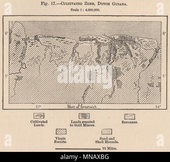 La zone cultivée, la Guyane hollandaise. Le Suriname. Mines d'or. La carte 1885 Les forêts Banque D'Images