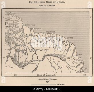 Les mines d'or de la Guyane. Français Néerlandais de la Guyane britannique (Guyana) carte 1885 Banque D'Images