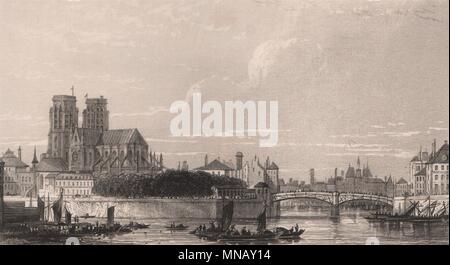 PARIS. Île de la Cité et Notre Dame. La grive 1845 ancienne imprimer photo Banque D'Images