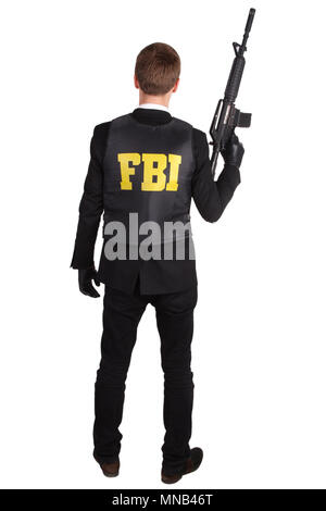 L'agent du FBI au fusil isolated on white Banque D'Images