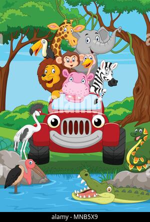 Cartoon animal sauvage équitation une voiture rouge dans la jungle Illustration de Vecteur