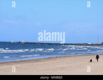 Femme promener son chien sur la plage à Ayr, Ecosse, Royaume-Uni. Banque D'Images