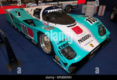 Vue de trois-quarts d'un Ex-Nisseki Trust Course, 1988, Porsche 962C, à l'affiche au Salon de voitures 2018, ExCel, Londres Banque D'Images