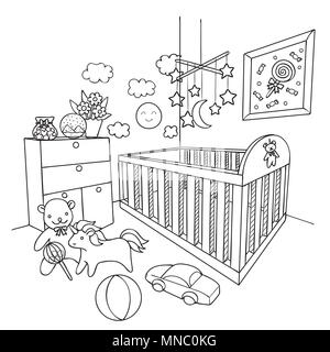 Chambre bébé dessiné à la main pour la conception et l'élément de la page à colorier. Vector illustration Illustration de Vecteur