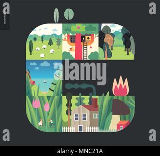 Des choses simples - forest situé sur un fond noir - télévision cartoon vector illustration de couple dans les tulipes, champignonnière, Treehouse, forêt, champ, elle Illustration de Vecteur