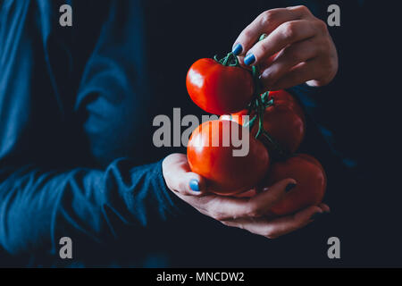 Femme est titulaire d'une tomates mûres en mains Banque D'Images